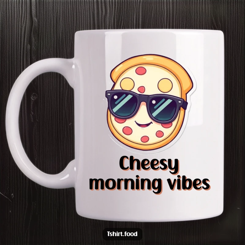 Funny pizza slice mug wearing sunglasses, looking happy and cool, great funny gift.