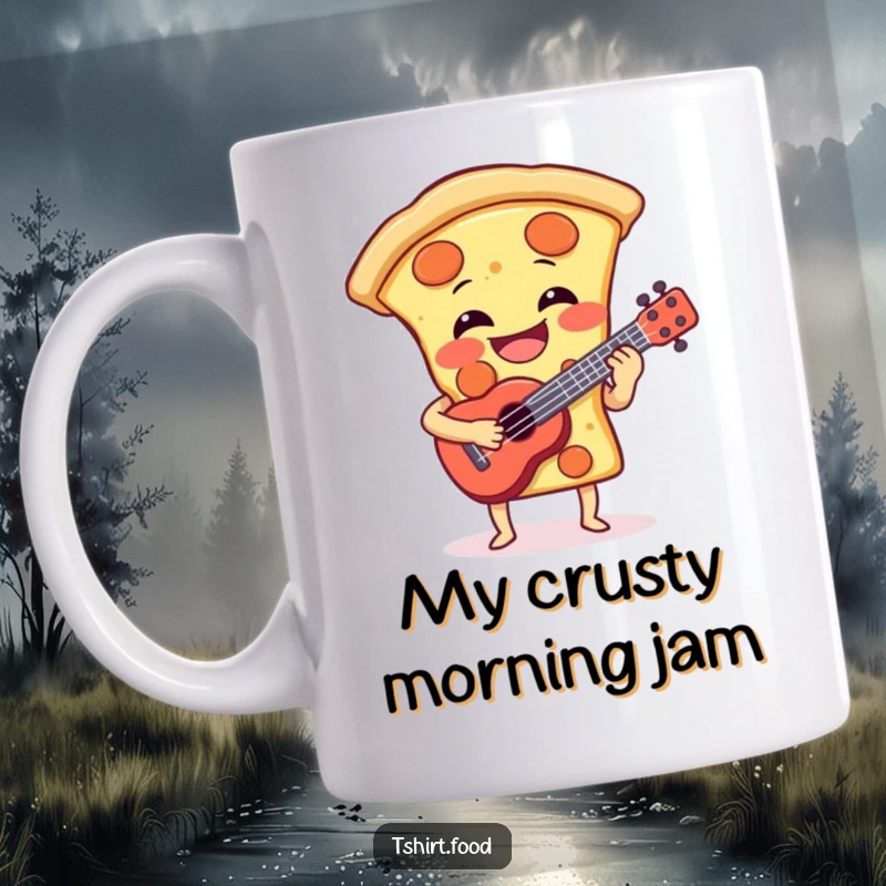 Funny mug showcasing a laughing pizza slice joyfully playing a small ukulele, a perfect gift for music and food enthusiasts.