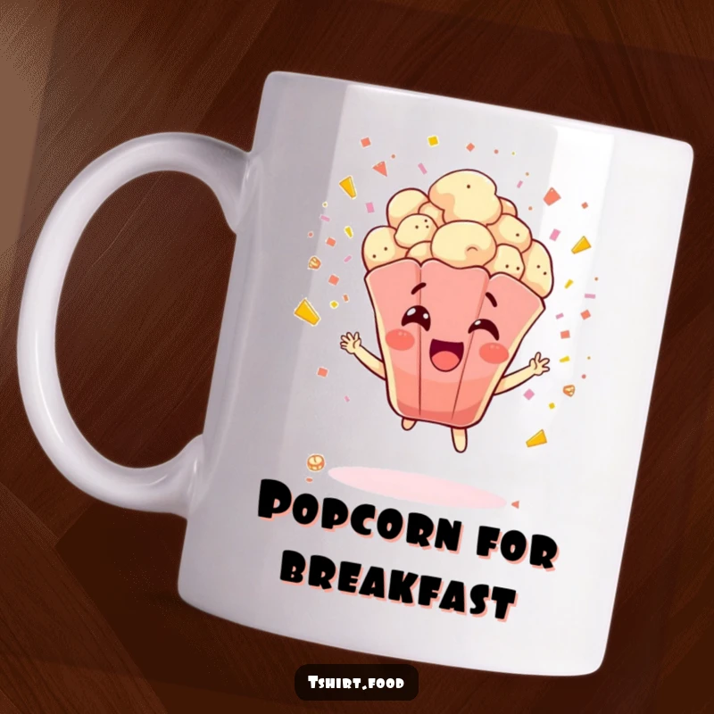 Funny Popcorn Mug: A jubilant popcorn kernel character explodes with joy and confetti, celebrating a moment of pure excitement.