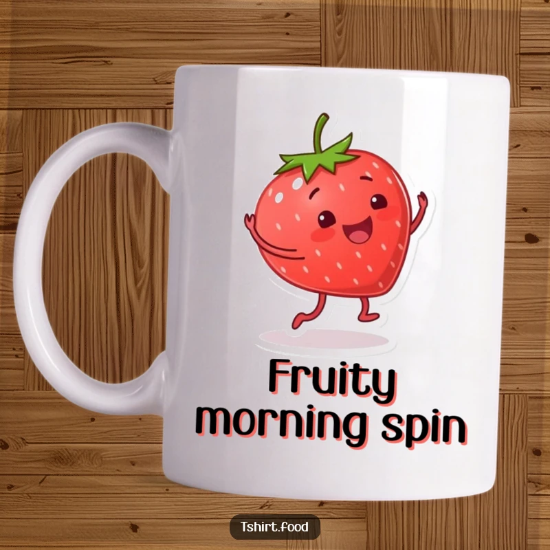 Funny mug with a smiling strawberry character energetically performing a happy cartwheel, symbolizing pure joy and vibrant energy.