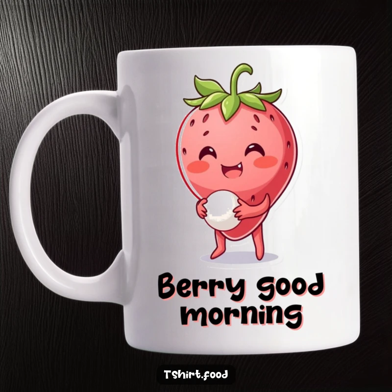 Funny Strawberry Mug: A happy strawberry character smiles while bouncing a small ball between its leafy hands, embodying playful delight.