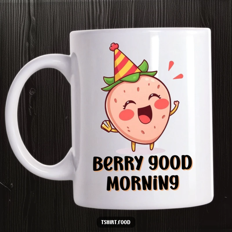 Funny Strawberry Party Mug: An excited strawberry in a party hat blows a horn, ready to celebrate.