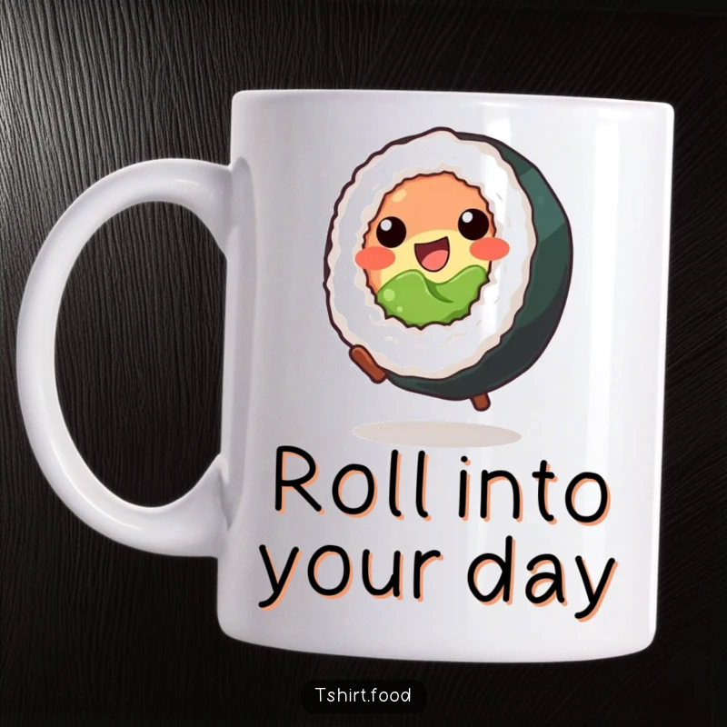 Funny Mug: A cheerful sushi roll performing an energetic cartwheel with a big, happy smile, full of zest.
