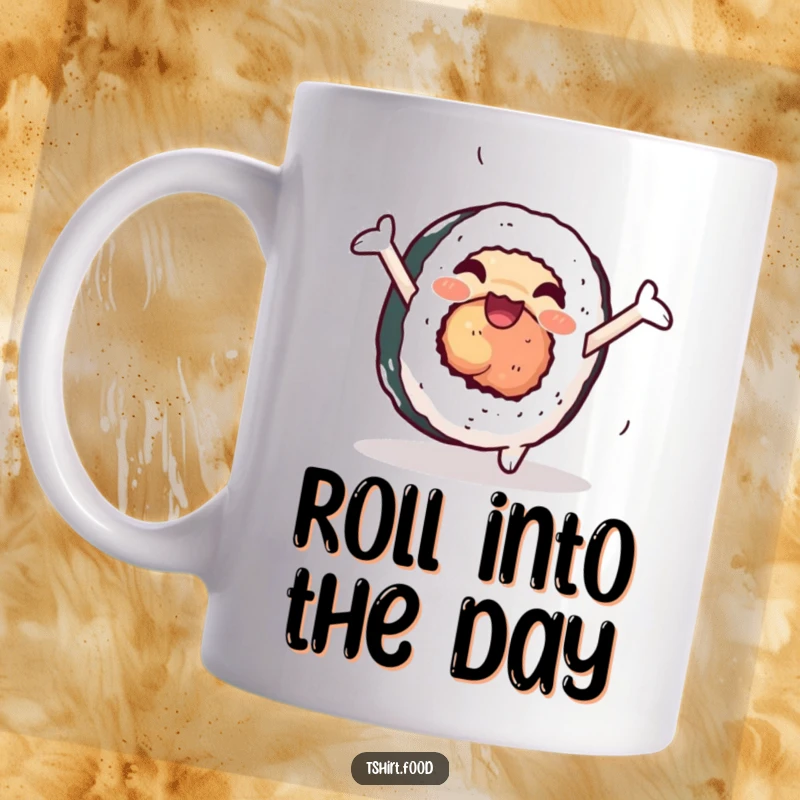 Funny sushi mug featuring a happy sushi roll with arms and legs performing a joyful cartwheel, full of zest.