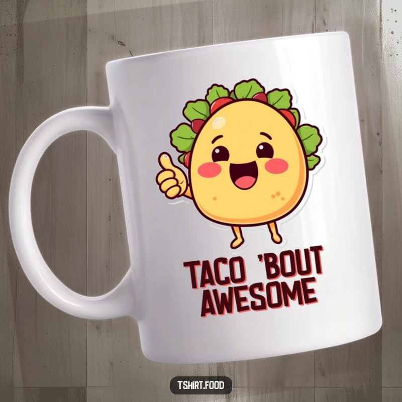 Funny Mug: A cheering taco with little arms gives a big thumbs up, radiating Mexican food joy and enthusiasm.