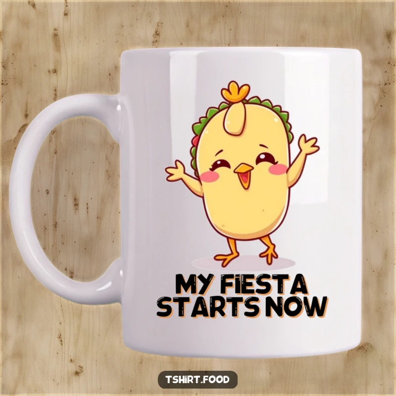 Funny Taco Chicken Dance Mug featuring a giggling taco with tiny feet enthusiastically performing the silly chicken dance, perfect for humor lovers.