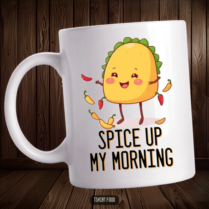 Funny taco mug featuring a smiling anthropomorphic taco with legs energetically juggling small, red chiles, looking delighted.