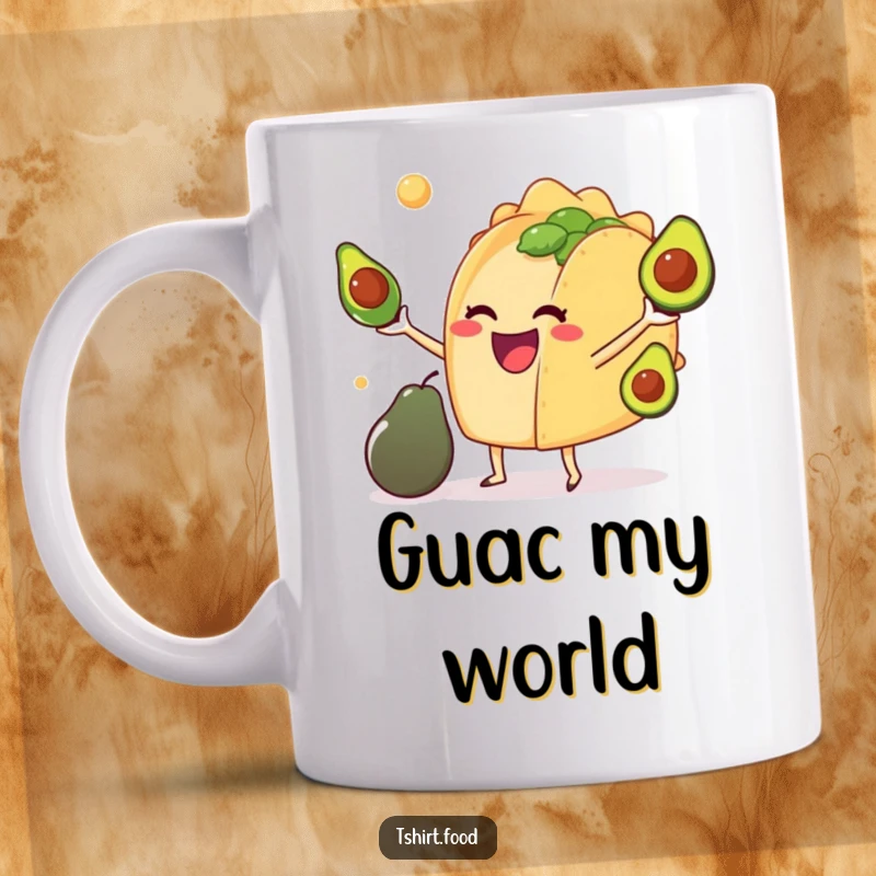 Funny mug featuring an anthropomorphic taco joyfully juggling small avocados, its grin wide with delight, perfect for foodies.