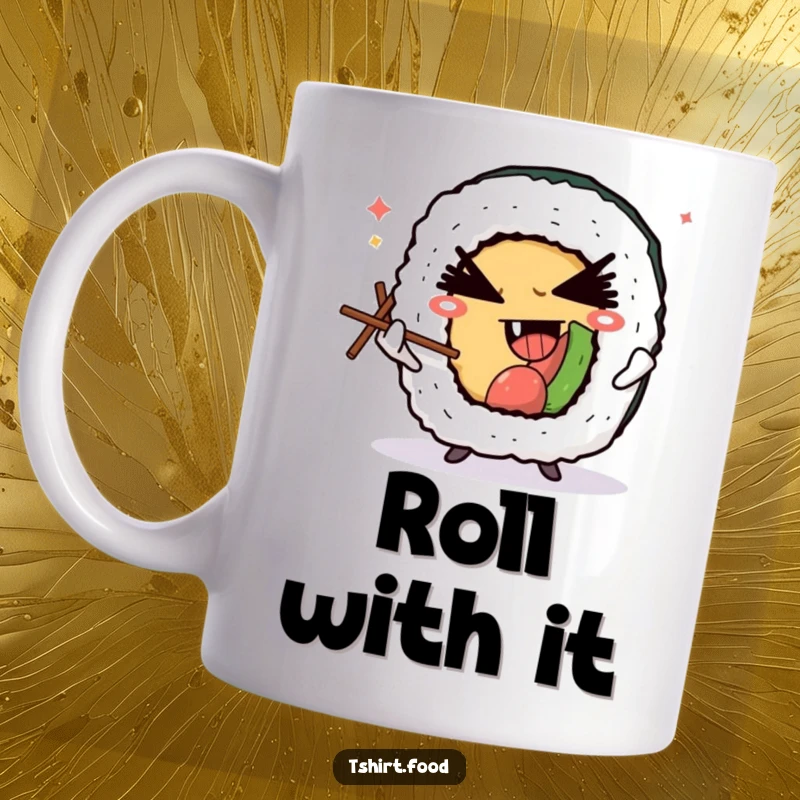 Funny mug featuring a winking sushi roll character skillfully juggling tiny chopsticks, showcasing a mischievous and devilish grin.