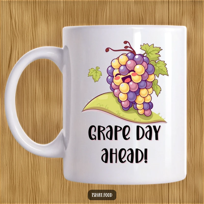Funny bunch of grapes giggling while rolling down a hill on a coffee mug, a whimsical and delightful item.