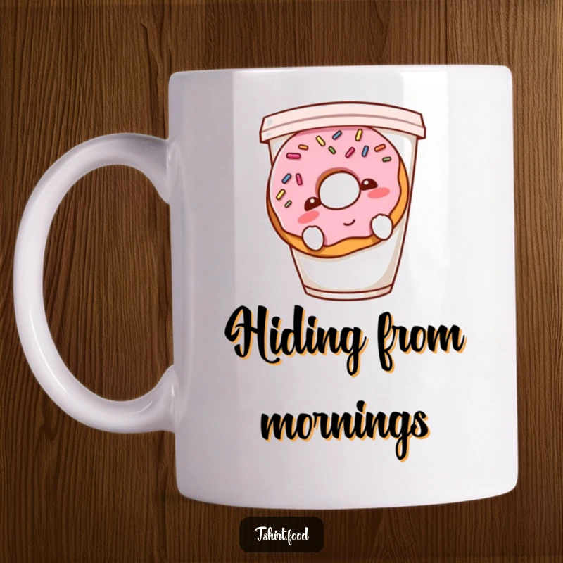 Funny shy donut mug with sprinkles, blushing and peeking from behind a coffee cup, exuding adorable bashfulness and warmth.