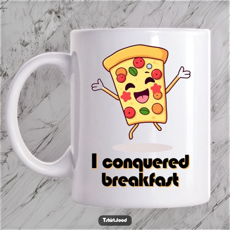 Funny pizza slice mug doing a celebratory dance with its toppings, representing pure joy and deliciousness. A perfect gift for pizza enthusiasts.