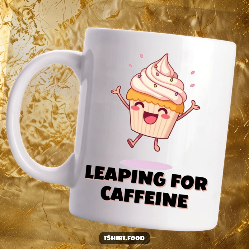 Funny leaping cupcake mug with frosting raining down during a joyful mid-air leap, a celebration of sweet delight.