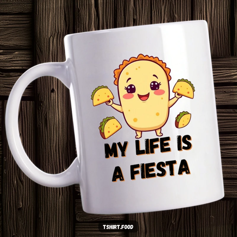 Funny Taco Mug featuring a smiling cartoon taco enthusiastically juggling smaller tacos, radiating pure joy and playful energy.