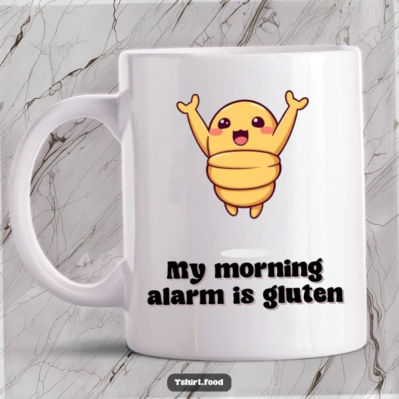 Funny mug featuring a surprised croissant character with arms raised, leaping joyfully mid-air, expressing pure pastry delight and excitement.