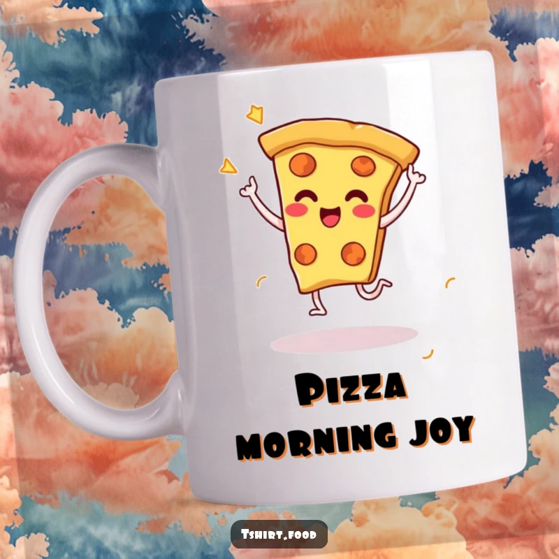 Funny mug featuring a cheesy pizza slice character happily doing a celebratory dance with tiny, energetic legs, exuding pure joy.