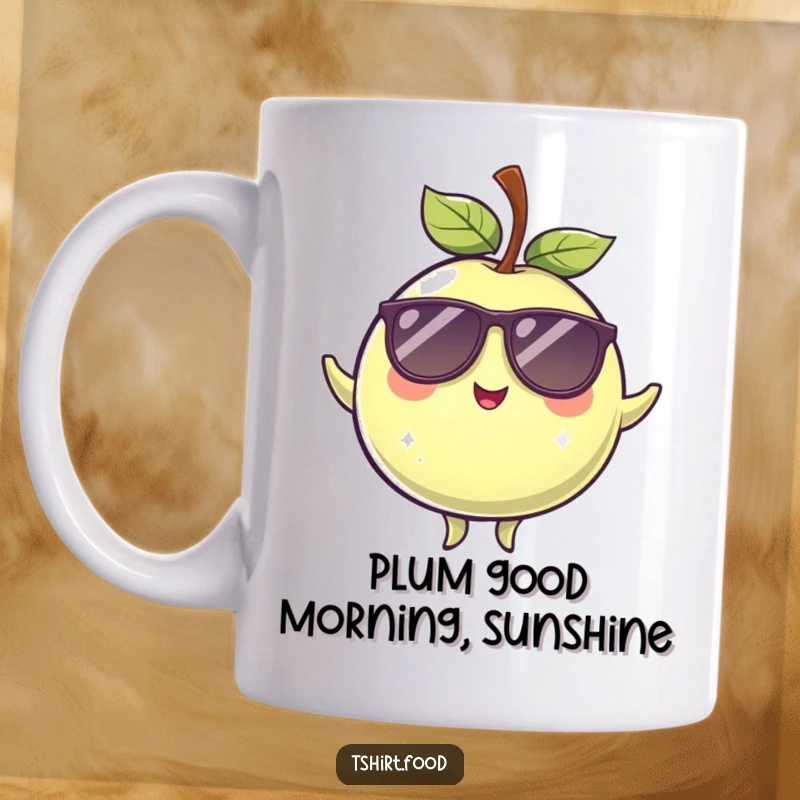 Funny winking plum wearing sunglasses, balancing with a cool attitude on a coffee mug, perfect for a humorous gift.