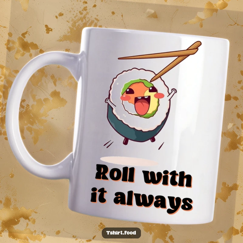 Funny Sushi Cartwheel Mug featuring an excited sushi roll performing a dynamic cartwheel with chopsticks flying, celebrating Japanese food culture with humor.