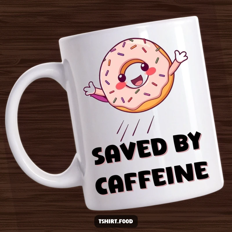 Funny Mug: A joyful, sprinkle-covered donut striking a heroic superhero landing pose with confidence and a smile.