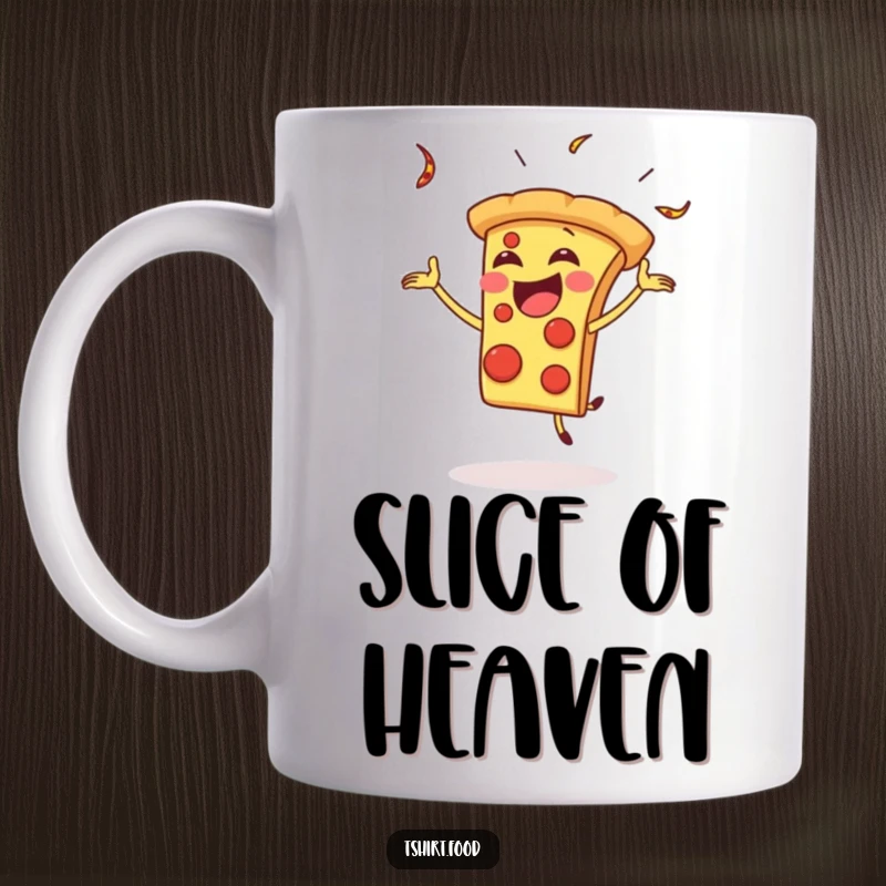 Funny Mug: A gleeful pizza slice hilariously juggles, showcasing its fun-loving and entertaining foodie personality.