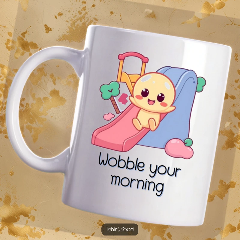 Funny Jelly Slide Mug showcasing a wobbly jelly character with round eyes sliding down a slide with great enthusiasm, perfect for fun mornings.