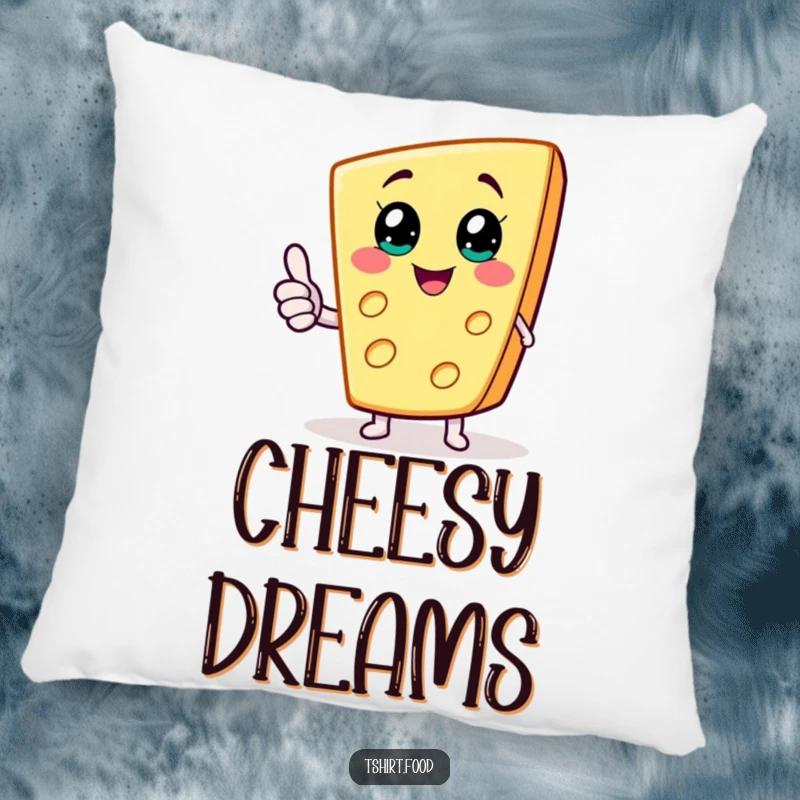 Funny decorative pillow featuring a happy cheese wedge character giving a thumbs up with tiny arms, ideal for cozy comfort.