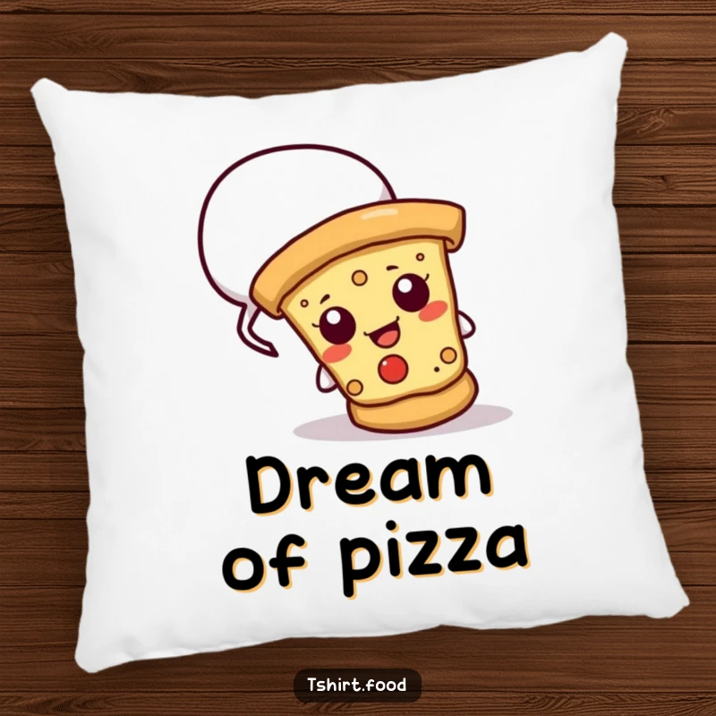 Funny pillow featuring a cheesy pizza slice peeking from a speech bubble, offering comfort and humorous, food-themed decor.