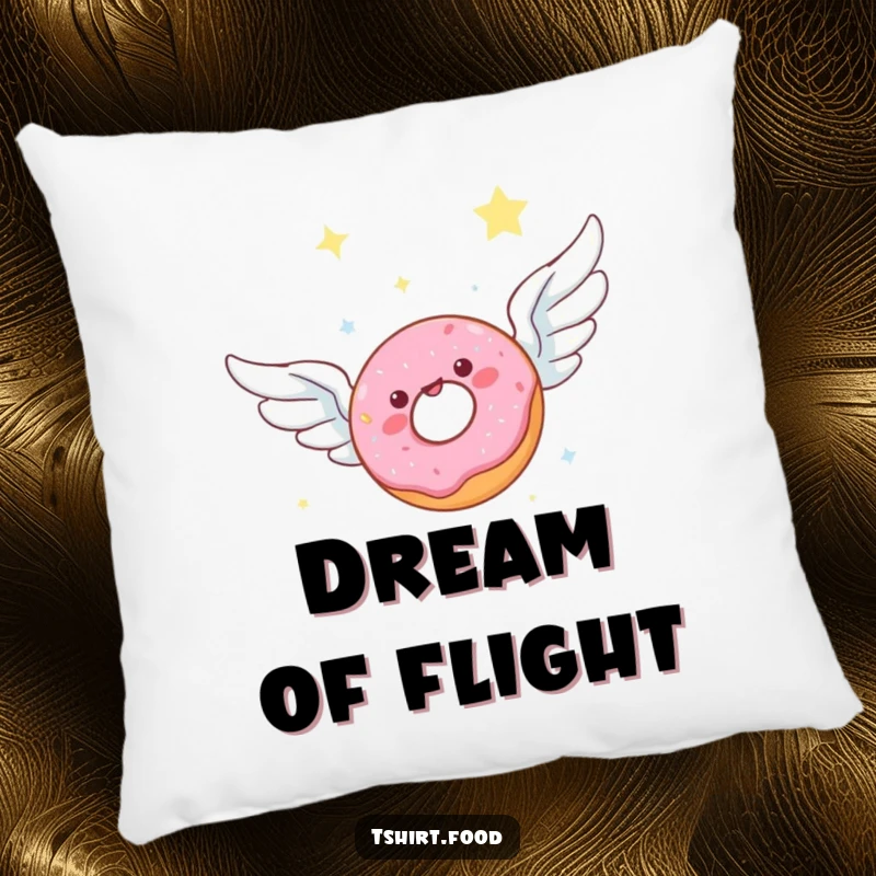 Funny pillow design of a donut with wings joyfully soaring in a starlit sky, bringing celestial pastry humor to any room.