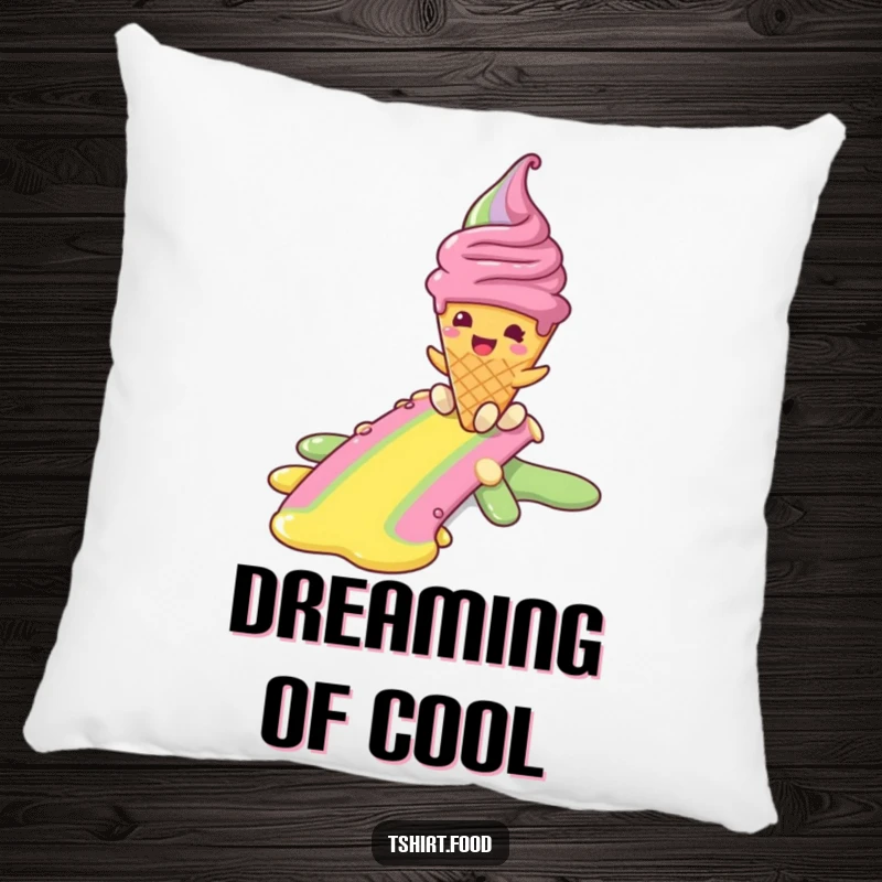 Funny pillow design of a smiling ice cream cone sliding down a rainbow, bringing cheerful dessert-themed humor to any room.