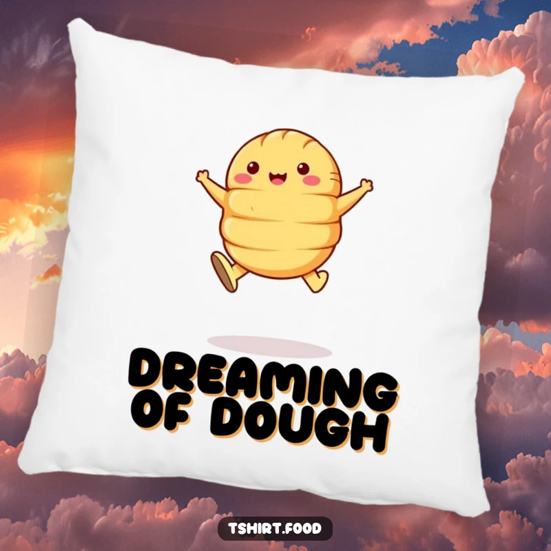 Funny Croissant Leap Pillow: A soft pillow featuring a happy croissant with butter shoes jumping, cozy and fun.