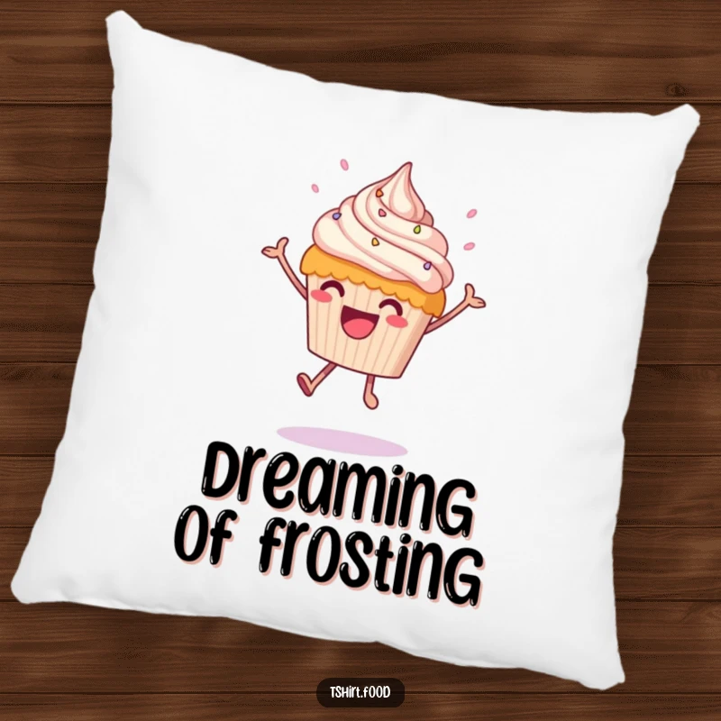 Funny cupcake leaping pillow featuring a happy cupcake mid-leap with frosting showering down, designed for comfort and sweet humor.