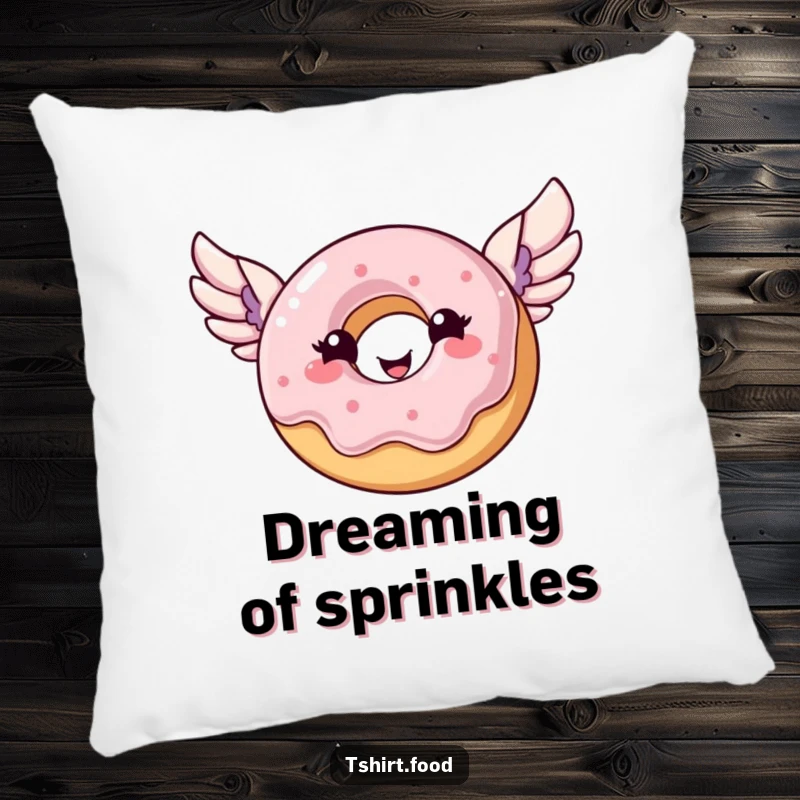 Funny donut pillow featuring a smiling donut with wings soaring, embodying soft, sugary happiness.