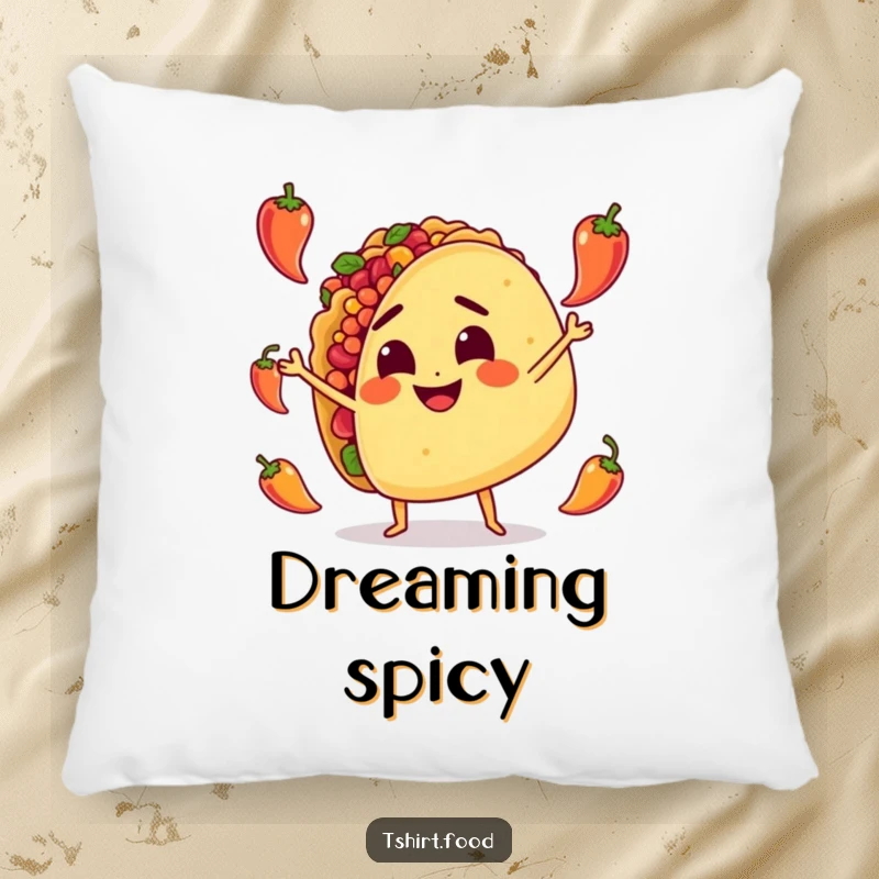 Funny Pillow: A determined taco character happily juggles tiny peppers, bringing a soft and humorous touch to your relaxation.