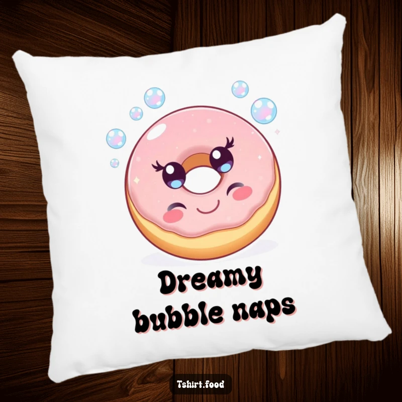 Funny pillow featuring a cheerful donut character happily blowing iridescent bubbles, providing cozy comfort and sweet, bubbly humor.