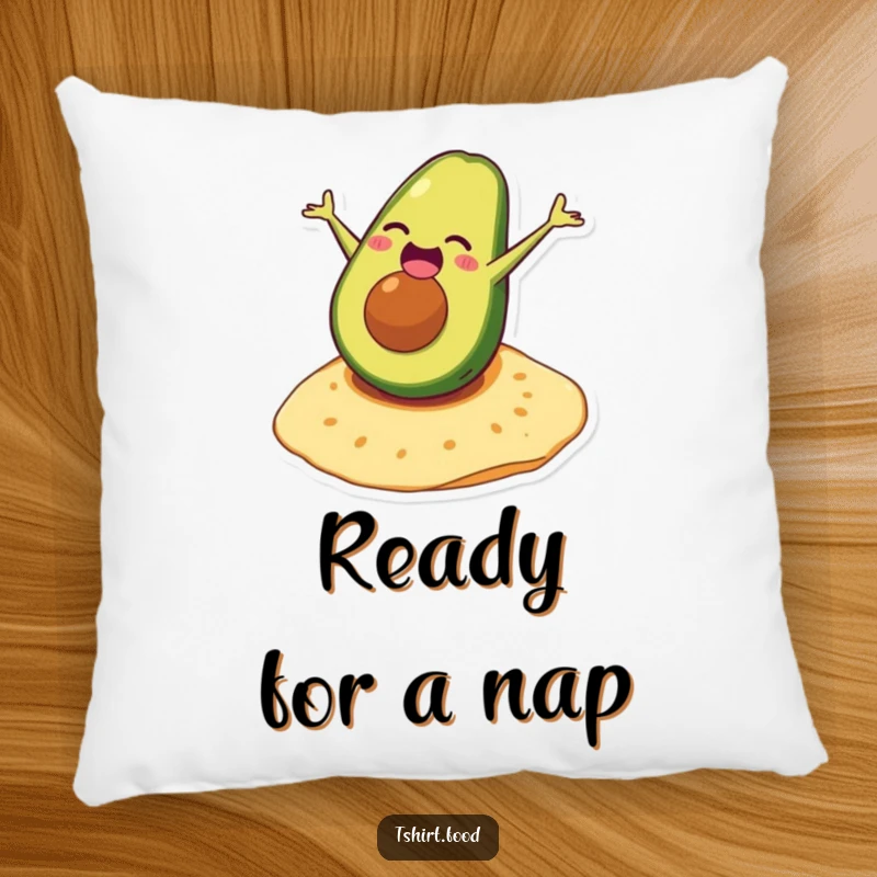 Funny avocado pillow with a laughing character mid-somersault on a tortilla, offering soft, humorous comfort.