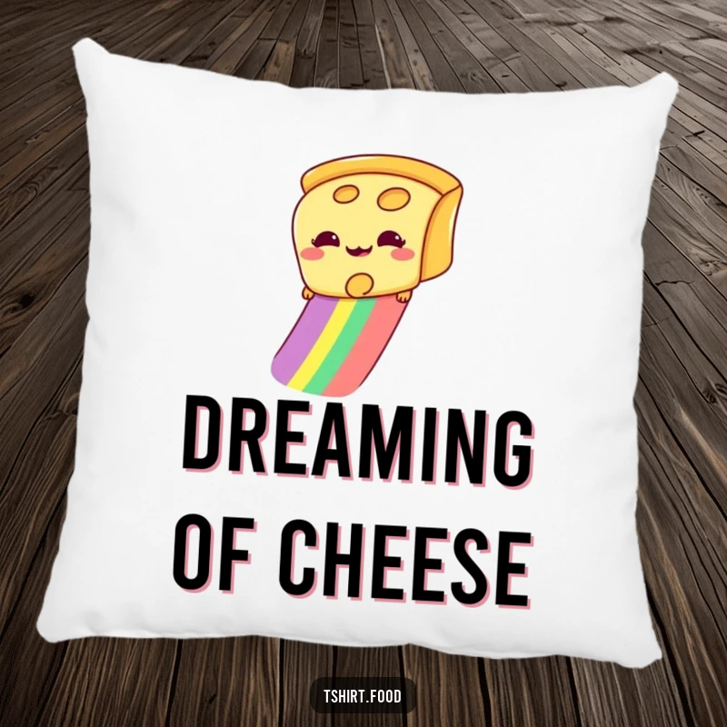 Funny plush pillow featuring a giddy slice of cheese sliding down a rainbow, perfect for adding comfort and quirky fun.