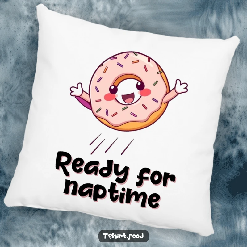 Funny Pillow: A cheerful donut character with sprinkles performing a superhero landing, adding a touch of brave fun.
