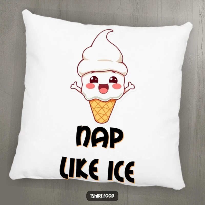 Funny Pillow with an excited ice cream cone character wearing a cone hat, offering cozy comfort and sweet charm.