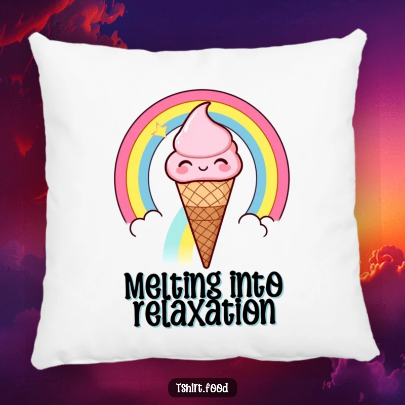 Funny winking ice cream cone sliding down a rainbow pillow, a happy ice cream cone winking while sliding down a vibrant rainbow.