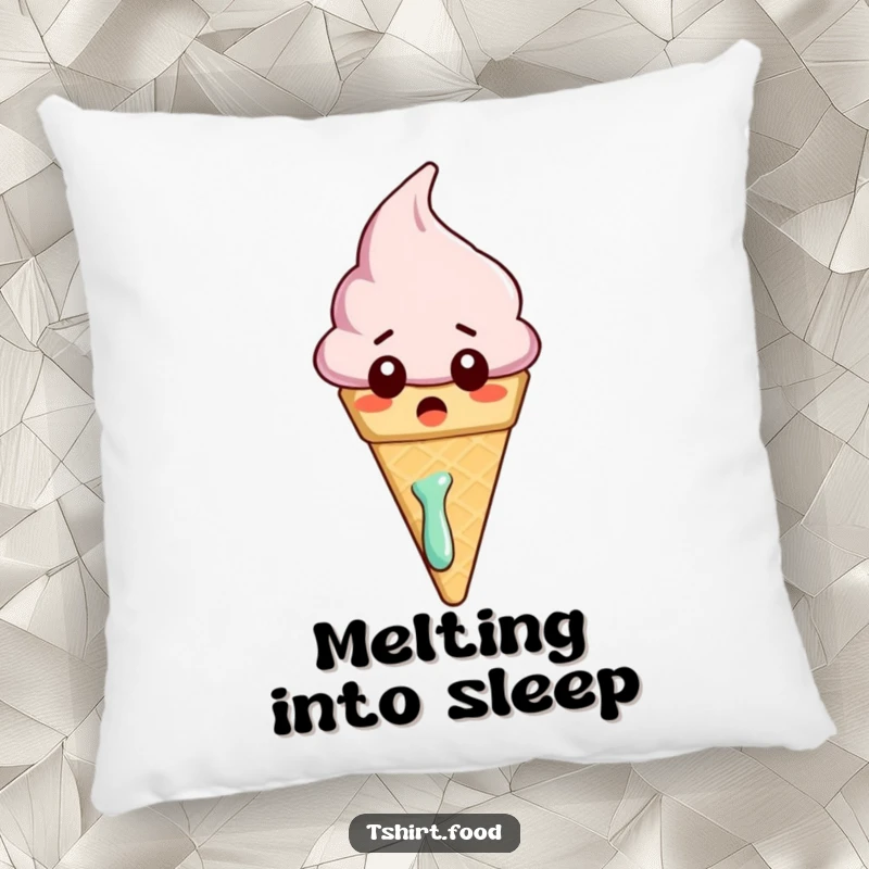 Funny pillow with a surprised ice cream cone character slightly melting, providing cozy comfort with a delightful, humorous design.