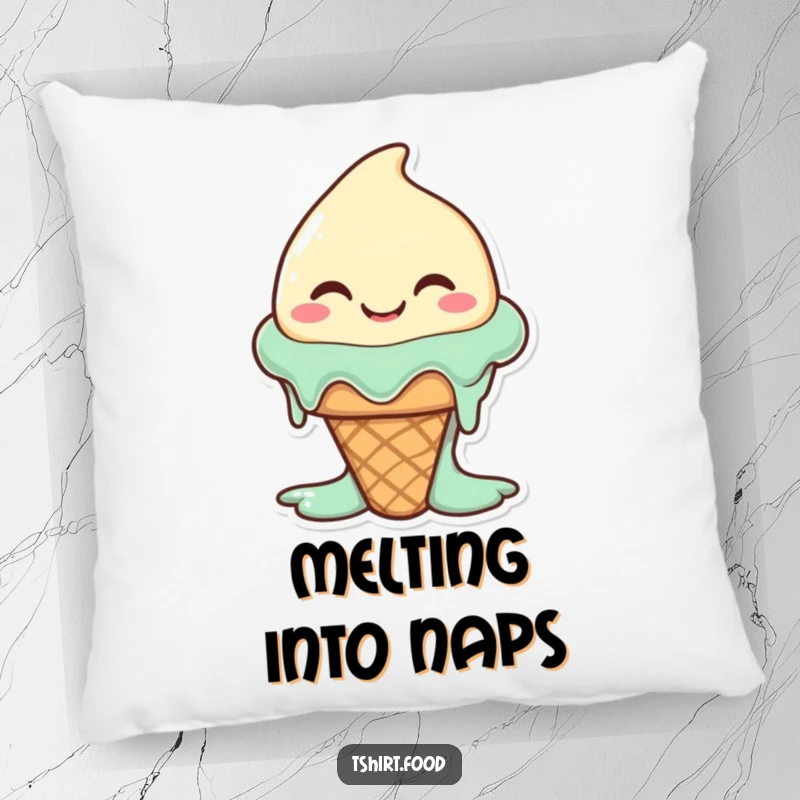 Funny happy ice cream cone character melting slightly with a wide, silly smile, on a soft pillow. Comfy and cute.