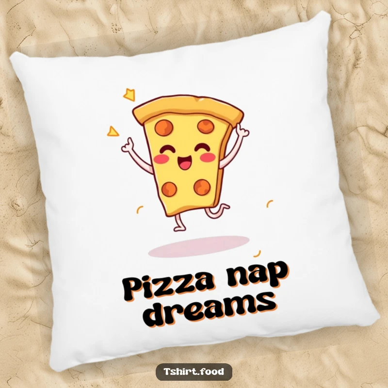 Funny pillow design of a cheesy pizza slice character doing a celebratory dance with little legs, bringing party-themed humor to any room.