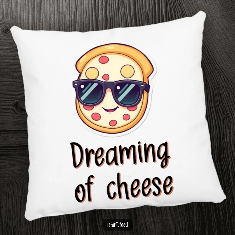 Funny pizza pillow with a happy slice wearing sunglasses, a comfy funny gift.