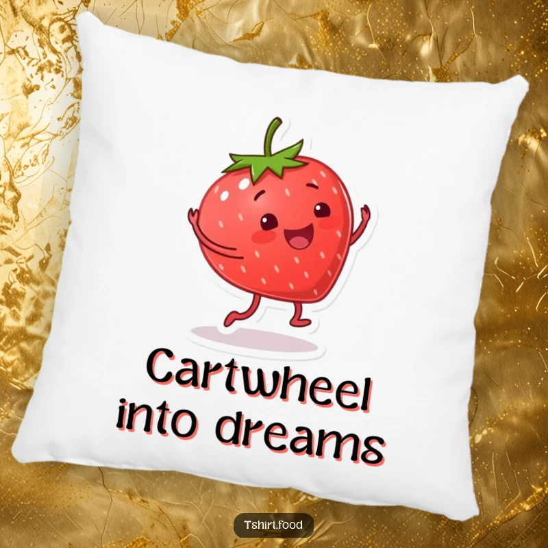 Funny pillow featuring a smiling strawberry character doing a happy cartwheel, providing cozy comfort and energetic, fruity humor.