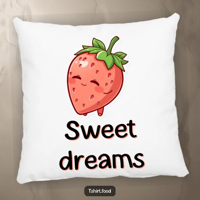 Funny Pillow: A cheerful strawberry character tipping its leafy hat and winking brings soft, charming humor and comfort to any room.