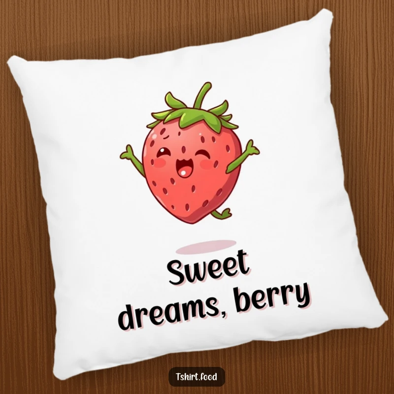 Funny Strawberry Jump Pillow featuring a happy strawberry character with tiny leaf arms, executing a joyful high jump, offering comedic comfort.