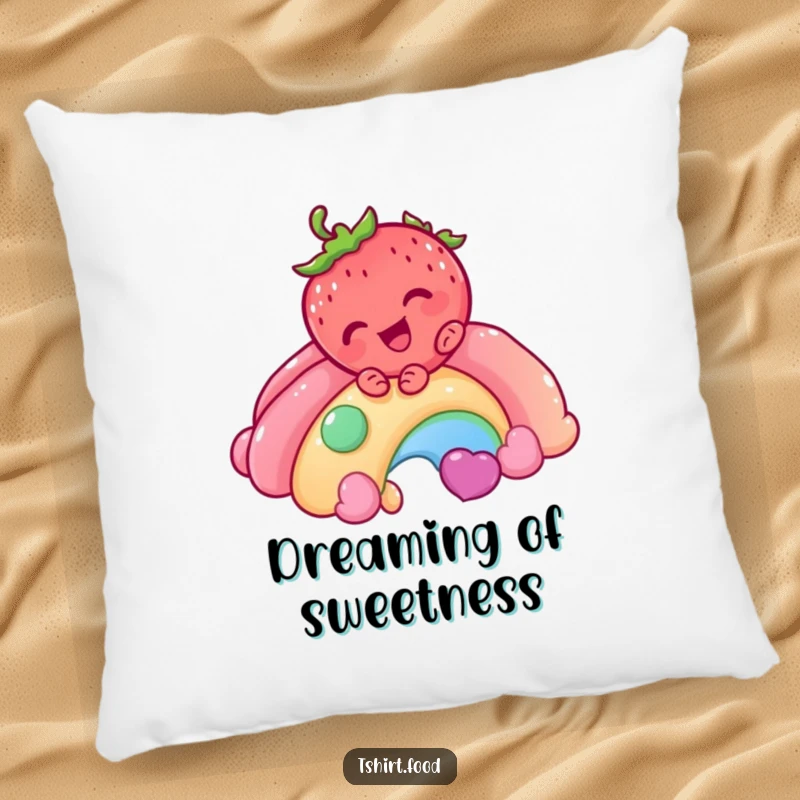 Funny Strawberry Rainbow Pillow featuring a giggling strawberry character sliding down a candy rainbow, providing plush comfort and a sweet, humorous accent.