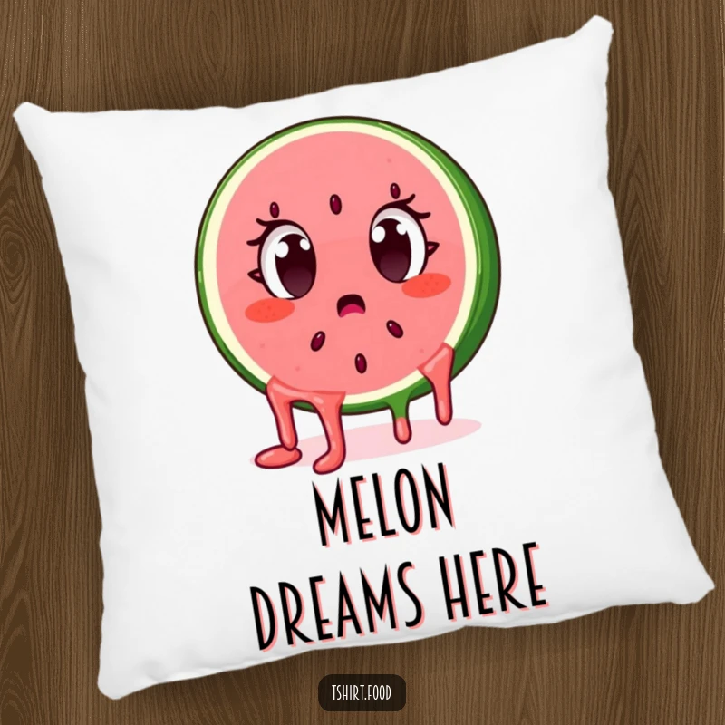 Funny surprised watermelon slice character with dripping seeds, eyes wide, on a soft pillow. Comfy and comical.