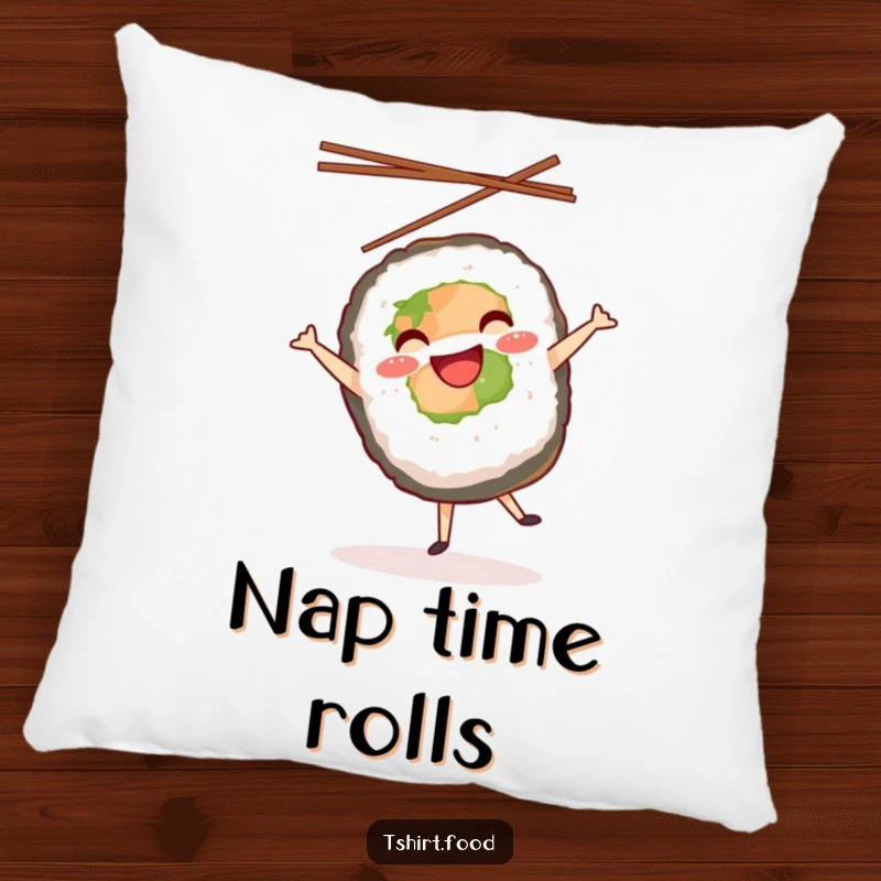 Funny pillow featuring a smiling sushi roll doing a cartwheel with chopsticks in the air, offering plush comfort and humor.