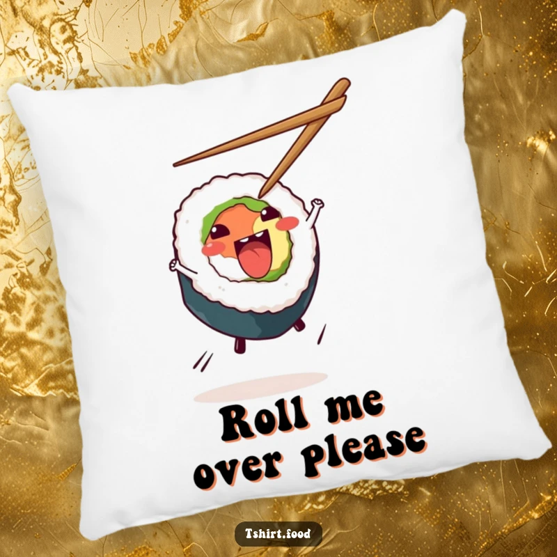 Funny Sushi Cartwheel Pillow featuring a cheerful sushi roll doing a cartwheel, offering plush comfort and a humorous Japanese food theme.